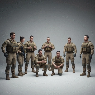 Team members practicing emotional intelligence in a tactical setting, no text, no words, no typography, clean image